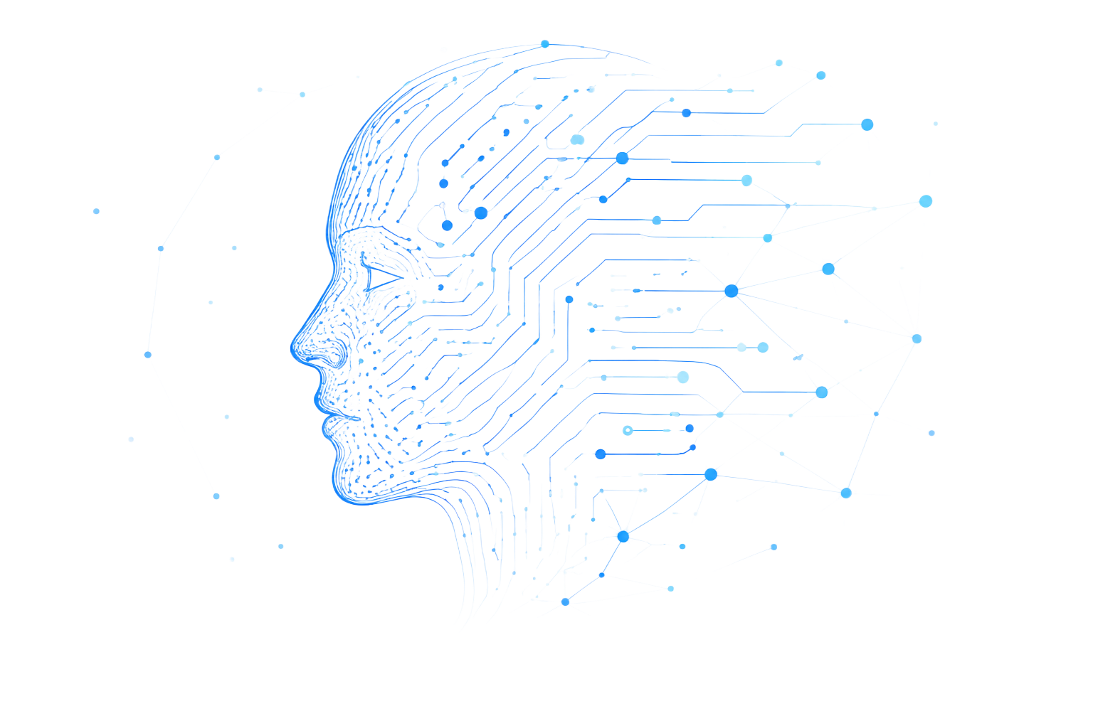 Illustration of a human profile made of circuit lines and connected nodes, representing AI-powered recruitment